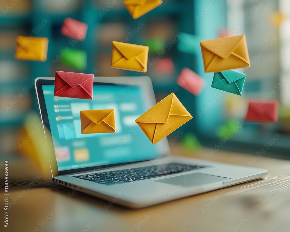 Poster digital email communication concept with vibrant colors, laptop, and floating envelopes, representin