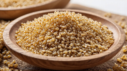 Close-up of Raw Quinoa Grains in Wooden Bowl