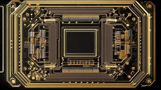 A top-down view of a microchip layout with precise etched lines, highlighting the advanced engineering of its design