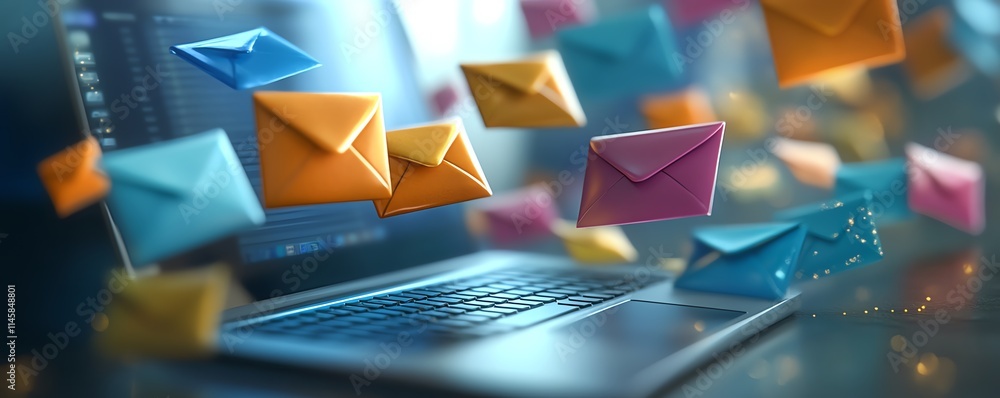Poster email communication concept with a laptop, colorful envelopes, and notifications, representing the m