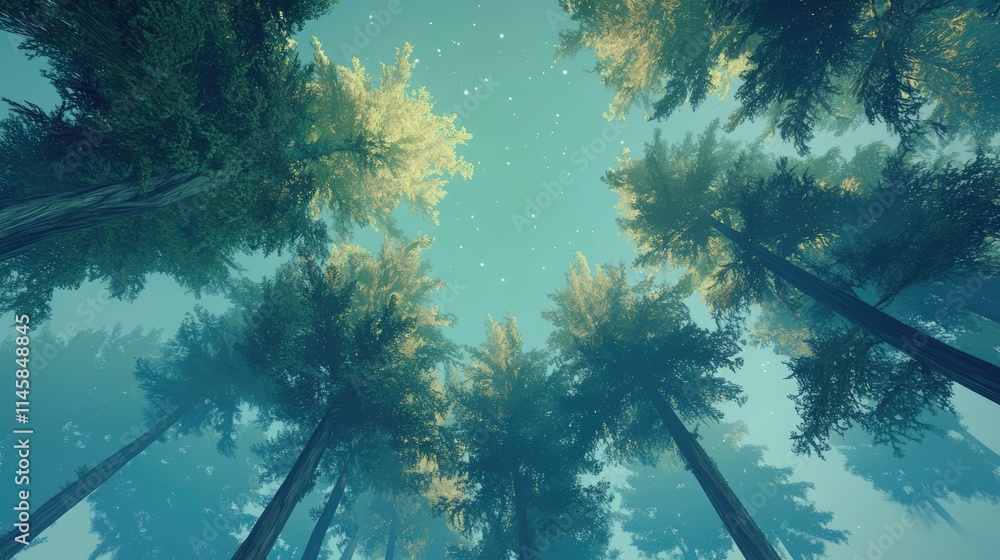 Aufkleber majestic view of towering pine trees reaching towards a clear sky from a ground perspective in a ser