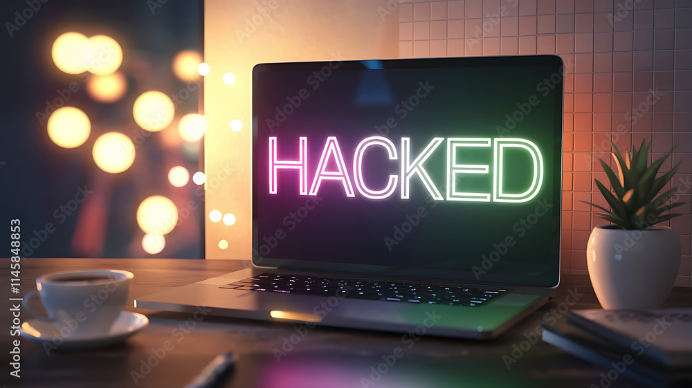Poster cybersecurity hack, cyber attack warning with digital breach notification, laptop with hacking messa