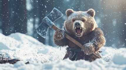 Fierce Grizzly Bear Barbarian Warrior Wielding Massive Axe Roaring on Snowy Battlefield