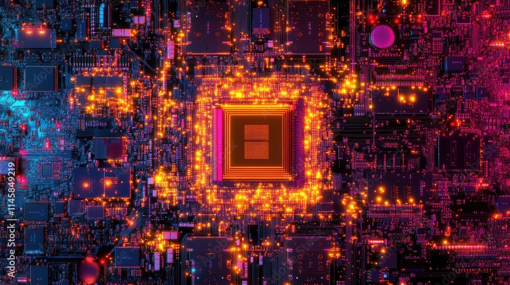 Poster a top-down view of a processor chip and its surrounding circuitry, showcasing the interconnectivity 