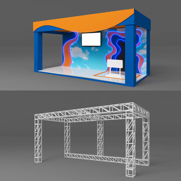 3d illustration stand booth 6x3 m with truss system rigging construction outdoor with flooring and photo booth display blank space logo company for event exhibition. 