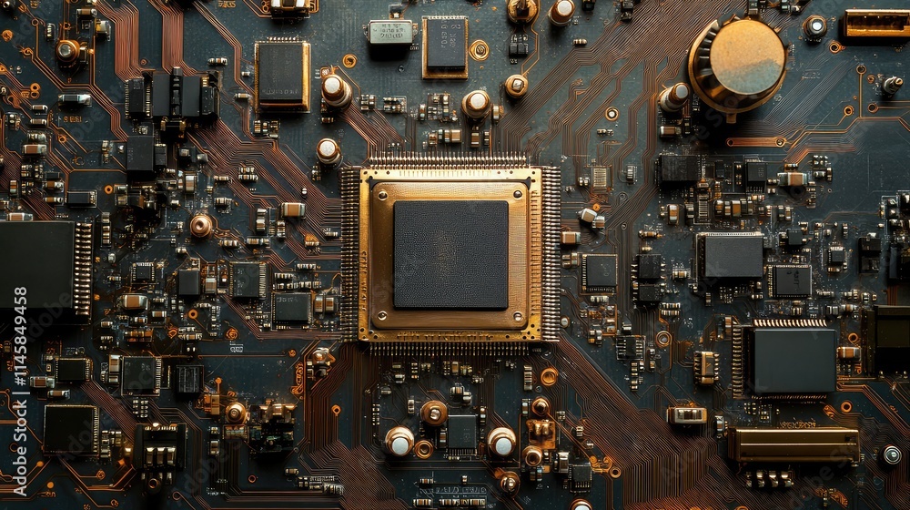 Poster a top-down view of a processor chip and its surrounding circuitry, showcasing the interconnectivity 