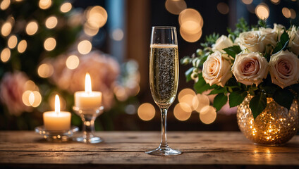 Glass of Sparkling Champagne with Fairy Lights and Floral Arrangements