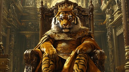 Majestic Tiger King on Ornate Throne in Regal Grand Hall