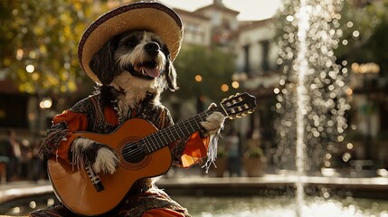 Playful Mariachi Dog Serenades in Festive Mexican Plaza