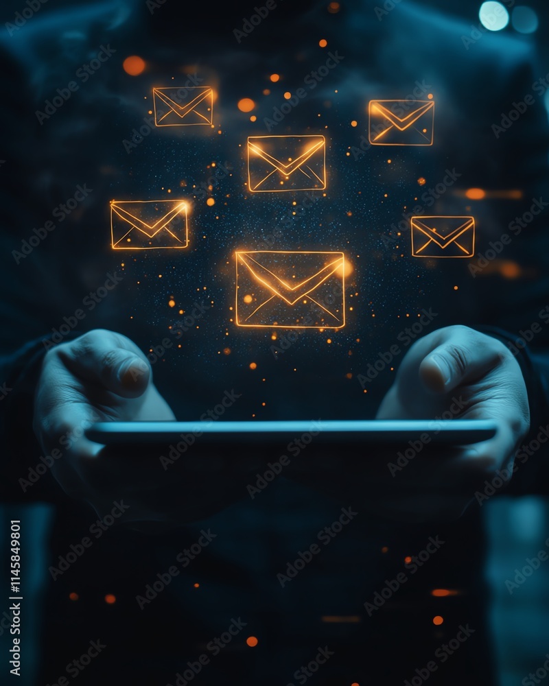 Poster hands holding a tablet with floating email and message icons, representing the power of modern commu