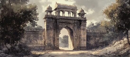 Fototapeta premium Ancient Architectural Gate of a Historic Temple Surrounded by Lush Greenery and Moodily Lit Landscape