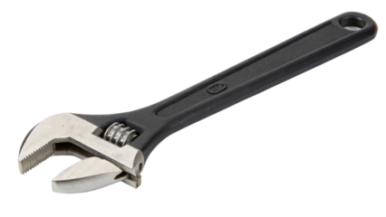 High-quality adjustable wrench with a sleek black handle, perfect for various mechanical and repair tasks, isolated on a transparent background.