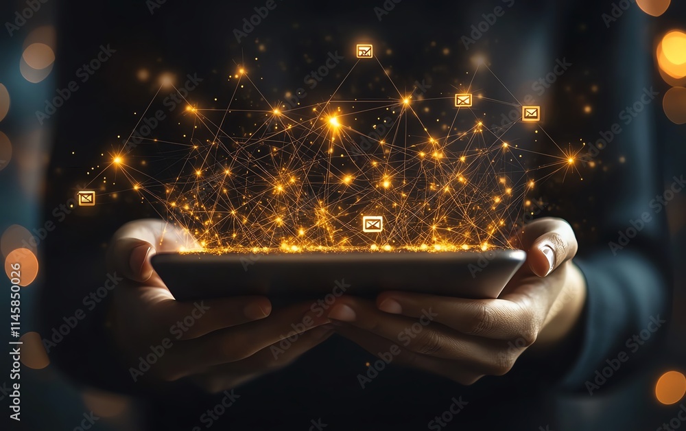 Aufkleber hands holding a tablet with digital email and message icons, symbolizing modern communication, techn