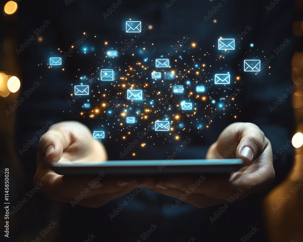 Aufkleber hands holding a tablet with email and message icons hovering above, symbolizing the rapid growth of 