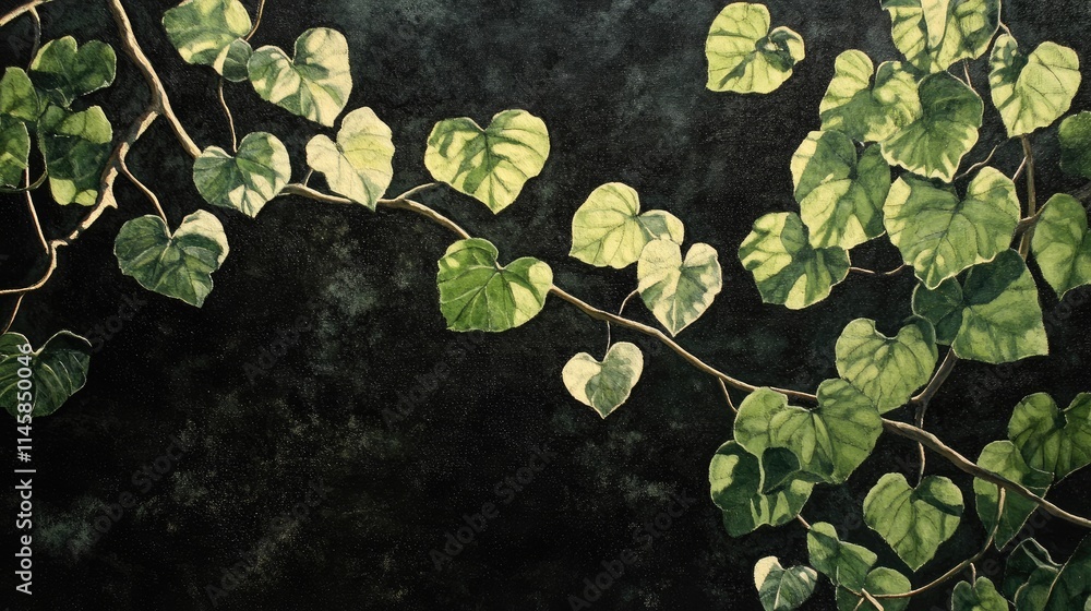 Aufkleber lush heart-shaped green leaves illuminated from behind against a dark textured background creating a