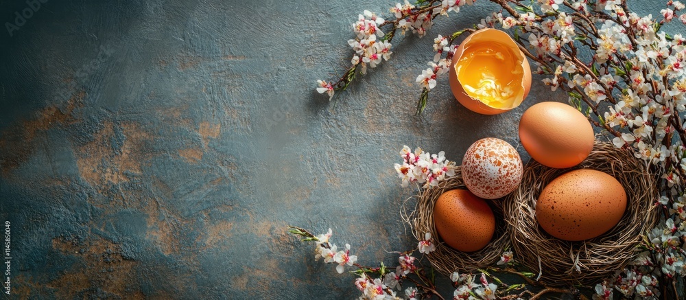 Poster traditional easter elements with painted eggs and blossom branches on a textured background creating