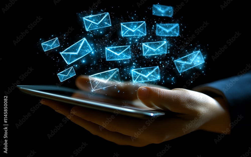 Poster Hands using a tablet with email and message icons floating above, representing the evolution of communication and the role of modern technology