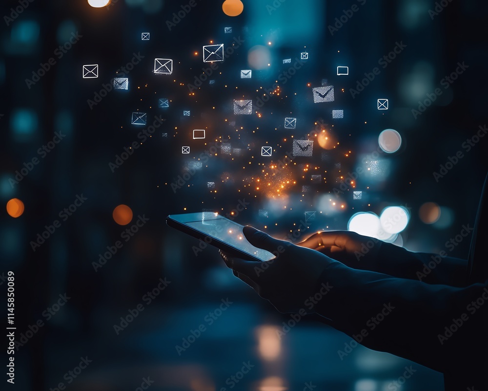 Poster hands holding a tablet with email and message icons hovering above, symbolizing the rapid growth of 