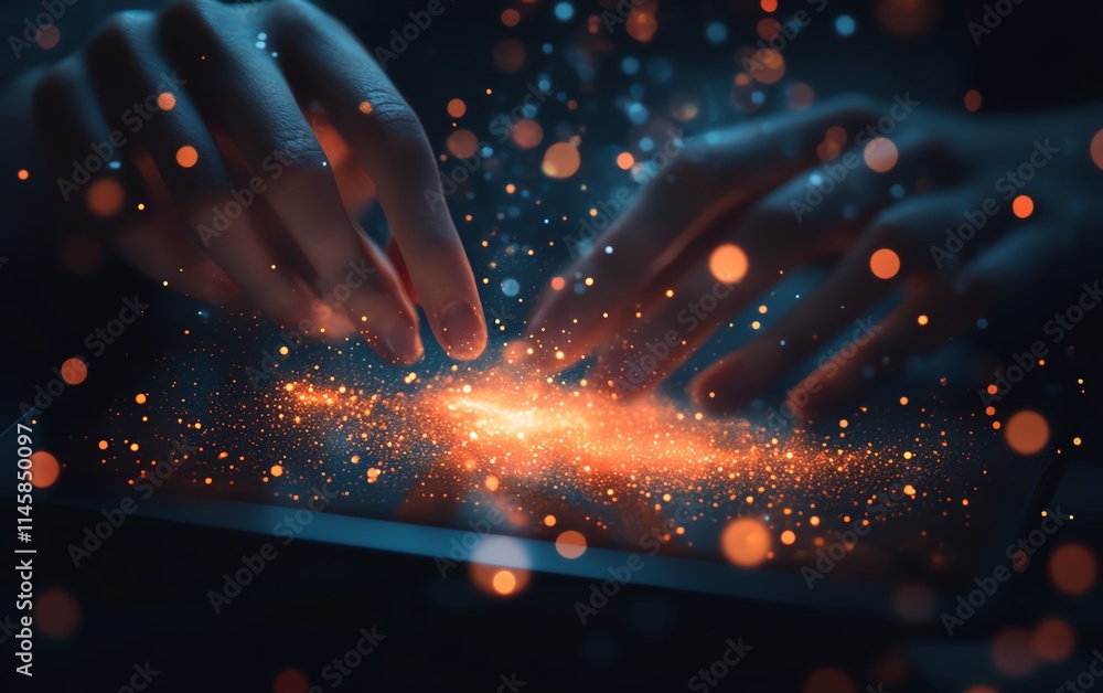 Poster Hands using a tablet with email and message icons floating above, representing the evolution of communication and the role of modern technology