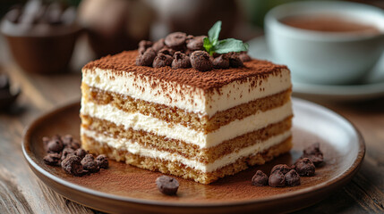 Tradition italian layered dessert tiramisu with mascarpone cream and biscuits on a  plate on a dark concrete background 
