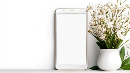 White smartphone with blank screen beside white flowers in vase.