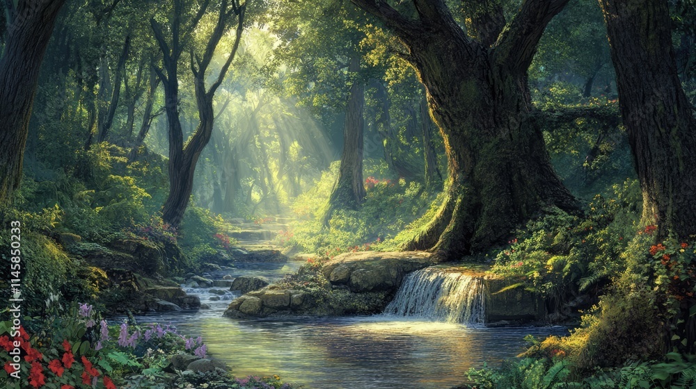 Poster tranquil forest scene with sunlight filtering through trees and a serene stream surrounded by lush g