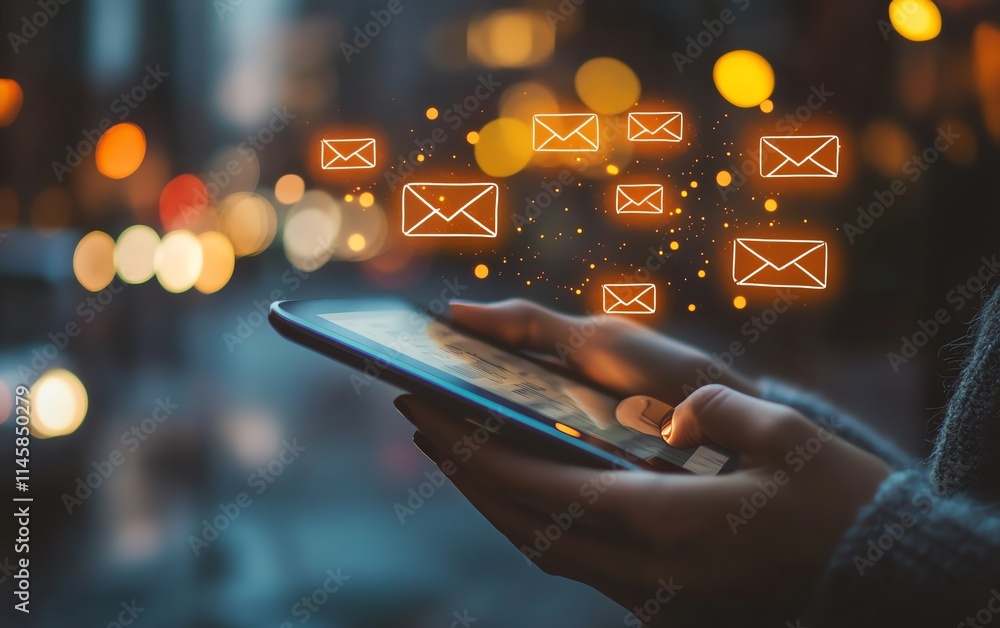 Poster Hands using a tablet with email and message icons floating above, representing the evolution of communication and the role of modern technology
