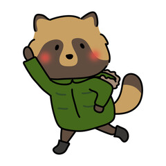 冬にダウンコートを着て走っているタヌキ