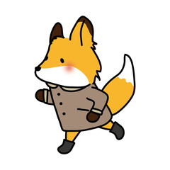 冬に襟付きコートを着て走るキツネ