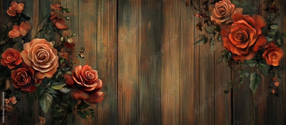 Poster elegant floral arrangement of roses on rustic wooden background creating a warm and inviting atmosph