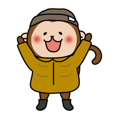 ダウンコートを着た冬服の猿