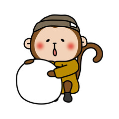 冬服で雪だるまをつくる猿