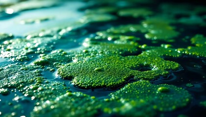 A scenic view of a lake with green algae, illustrating the interplay between water and plant life in a serene environment