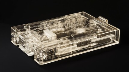 A transparent 3D microchip model showcasing the complexity of its internal architecture, with visible etched circuits and connectors