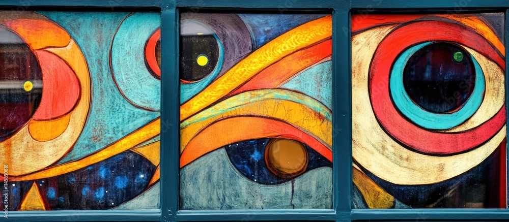Poster colorful abstract patterns on a window showcasing vibrant swirls and curves in a contemporary artist