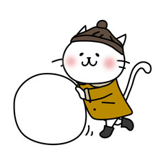 冬服で雪だるまをつくる白い猫
