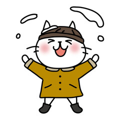 冬服で雪をなげて遊ぶ白い猫