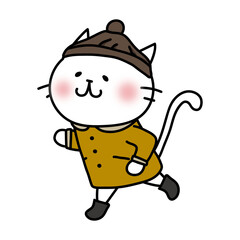 冬に襟付きコートを着て走る白い猫