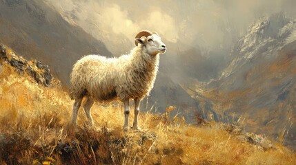 Fototapeta premium Majestic wild sheep standing in a scenic mountainous landscape surrounded by golden grasses and dramatic clouds in a breathtaking natural setting