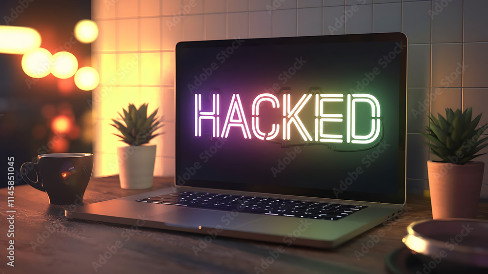 Poster cybersecurity hack, cyber attack warning with digital breach notification, laptop with hacking messa
