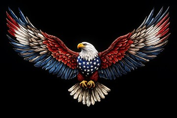 Obraz premium Patriotic American Bald Eagle Soaring with Wings Spread Wide, Displaying American Flag Colors