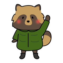ダウンコートを着た冬服のタヌキ