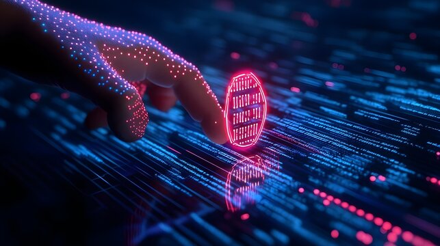 digital hand interacts with crypto coin - cyberpunk aesthetics