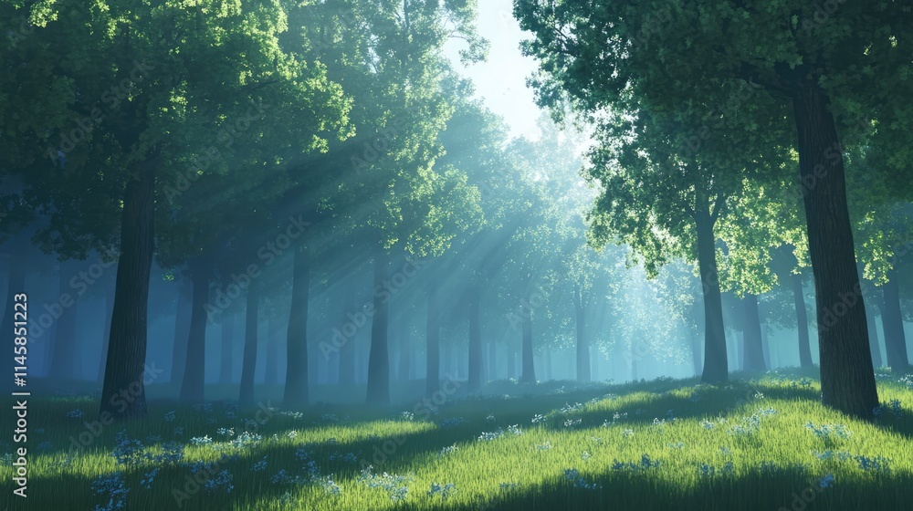 Poster lush forest landscape with morning light filtering through trees creating a serene and peaceful atmo