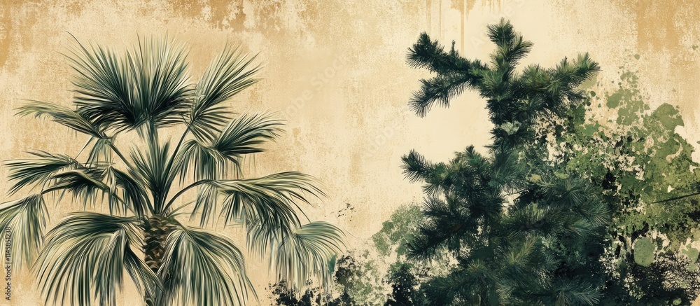 Poster vegetation scene featuring palm tree and pine tree against a textured background