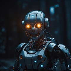 A robot with glowing orbs embedded in its chest and shoulders.
