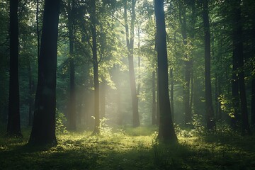 Fototapeta premium Sunlit Forest Path Morning Mist Envelops Trees