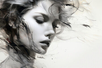 Ink Painting Style Female Portrait - Flowing Ink and Dreamlike Profile