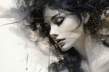 Ink Painting Style Female Portrait - Delicate Art with Gold Accents