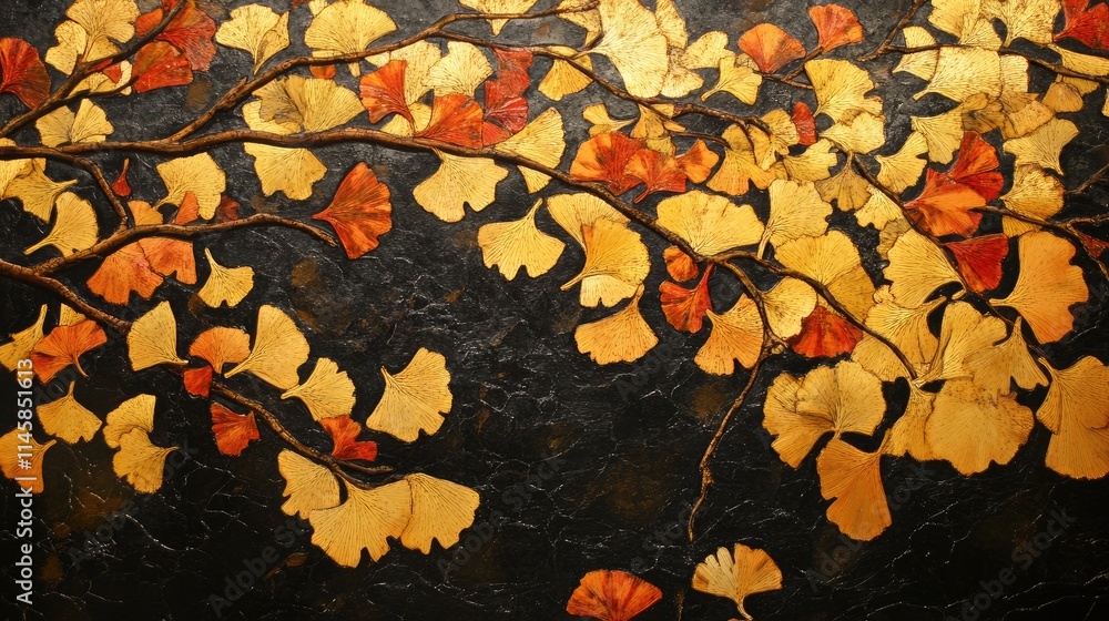 Poster ginkgo leaves in autumn displaying vibrant yellow and orange hues against a dark background creating